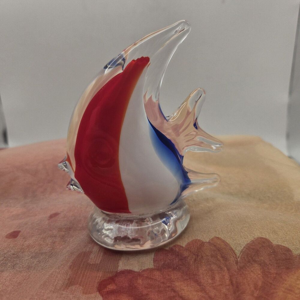 VTG Art Glass Angel Fish Figurine Red White Blue Hand Blown 4.5"​Listing